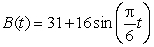 The following table gives    , the percentage of the electorate favoring candidate A during the 12 months preceding a presidential election. Time, t, is measured in months, and t = 0 is a year before election day.   Assume that   is approximately trigonometric. A second candidate, candidate B, has a percentage of support given by   . What is the largest value of t,   , at which the two candidates are tied for electoral support? Round to 2 decimal places.