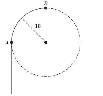 The following figure shows the path taken by the left front tire of a car as it changes direction sharply from due north to due east. The turning radius of the car is 18 feet, and the two front wheels are 58 inches apart. How many feet does the left front wheel travel from A to B? Round to 1 decimal place.   