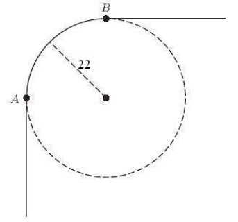 The following figure shows the path taken by the left front tire of a car as it changes direction sharply from due north to due east. The turning radius of the car is 22 feet, and the two front wheels are 57 inches apart. While the left front wheel travels from A to B, how many feet does the right front wheel travel? Round to 1 decimal place.   