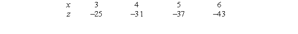 The following table gives z as a linear function of x.   If   , which of the following is a formula for y in terms of x? A)    B)    C)    D)   