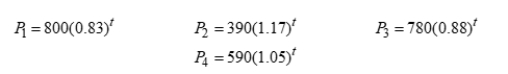 The populations of 4 species of animals are given by the following equations:    What is the annual percent growth rate for the population that is growing the fastest?