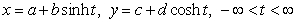 The parameterization for the lower half of the hyperbola    using hyperbolic functions is   , where a = _____, b = _____, c = _____, and d = _____.