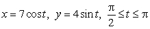 Are the parametric equations for the quarter of an ellipse centered at (0, 0), starting at (0, 2) and ending at (-10, 0), given by    ?