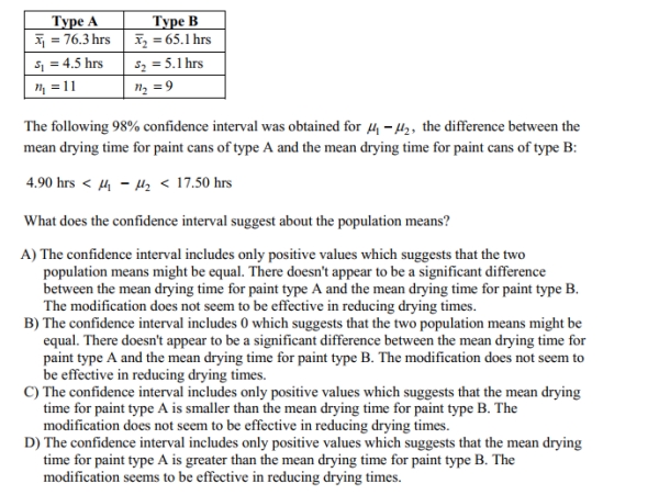A paint manufacturer made a modification to a paint to speed up its drying time. Independent simple random samples of 11 cans of type A (the original paint)and 9 cans of type B (the modified paint)were selected and applied to similar surfaces. The drying times, in hours, were Recorded. The summary statistics are as follows.