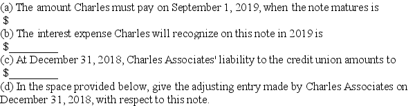 Notes payable On September 1,2018,Charles Associates borrowed $600,000 from Diana Credit Union and signed a 9% one-year note payable with all interest and principal due at maturity.     