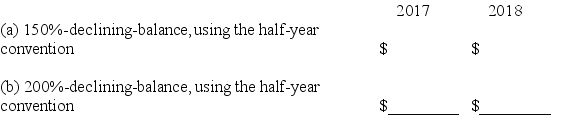 Declining balance depreciation On July 6,2017,Grayson purchased new machinery with an estimated useful life of 10 years.The cost of the equipment was $80,000,with a residual value of $8,000. Compute the depreciation on this machinery in 2017 and 2018 using each of the following methods.   