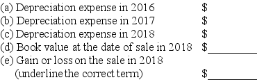 Depreciation;gains and losses in financial statements In 2016,Amalfi,Inc.purchased equipment with an estimated 10-year life for $42,600.The residual value was estimated at $9,900.Amalfi uses straight-line depreciation and applies the half-year convention. On April 18,2018,Amalfi closed one of its plants and sold this equipment for $33,600.Under these assumptions,compute the following for this equipment:   