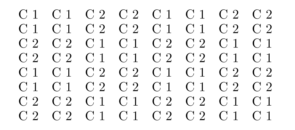  An original  8 \times 8  color checkerboard CMY image is shown below in which the two colors are  \mathrm{C} 1:(\mathrm{C}=255, \mathrm{M}=155, \mathrm{Y}=255)  and  \mathrm{C} 2:(\mathrm{C}=\mathrm{M}=\mathrm{Y}=100) , where  [0 . .255]  is the range for the three color components. You are asked to convert the color CMY image to YIQ images using 4:1:1 chroma subsampling. (In subsampling, you should use an averaging method so you are not selectively throwing away information from certain pixels.)   (a) Show all pixel values of each of the YIQ images generated from the given CMY color image. (b) Besides their low resolution, do the chrominance images maintain enough information in this case? What does this tell? Note: The relationship between RGB and YIQ is approximately:  \left[\begin{array}{c} Y \\ I \\ Q \end{array}\right]=\left[\begin{array}{rrr} 0.3 & 0.6 & 0.1 \\ 0.6 & -0.3 & -0.3 \\ 0.2 & -0.5 & 0.3 \end{array}\right]\left[\begin{array}{l} R \\ G \\ B \end{array}\right] <div style=padding-top: 35px>  