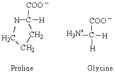  The structures of the amino acids proline and glycine are shown below. Which of the following statements is true?   A)  glycine is an \alpha -amino acid, but proline is not B)  both proline and glycine are chiral molecules C)  glycine is achiral and proline is chiral D)  proline exists as four enantiomers 
