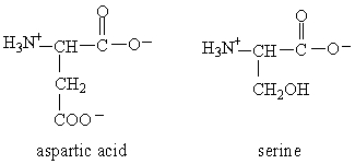 The form of dipeptide aspatylserine (Asp-Ser)  obtained from two amino acids, aspartic acid and serine, whose structures are shown here, is   A)    B)    C)    D)   