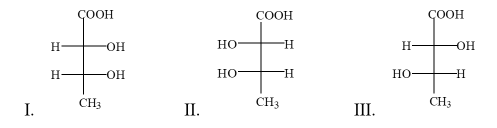 What is the relationship of these compounds to each other?   A)  Compounds II and III are enantiomers; compound I is not related to II and III. B)  Compounds I and II are enantiomers; III is a diastereomer of I and II. C)  Compounds I and II are enantiomers; compound III is not related to I and II. D)  These three compounds are not related to each other; they only look similar.