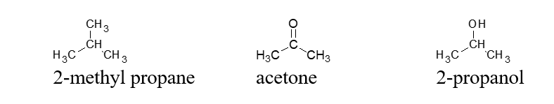 )  Rank the following compounds in order of increasing boiling point (lowest to highest) .   A)  2-methyl propane < acetone < 2-propanol B)  2-methyl propane < 2-propanol < acetone C)  2-propanol < acetone < 2-methyl propane D)  acetone < 2-methyl propane < 2-propanol
