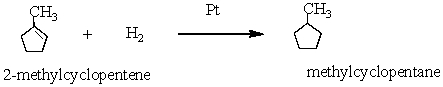 2-methylcyclopentene reacts with hydrogen in the presence of platinum catalyst to form methylcyclopentane.   In this reaction: A)  2-methylcyclopentene is reduced B)  Pt is oxidized C)  methylcyclopentane is reduced D)  cyclohexane is oxidized