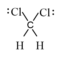 Dichloromethane, CH<sub>2</sub>Cl<sub>2</sub>, is widely used as a solvent. Which of the following represents its correct line-bond structure? In this molecule, carbon is the central atom. A)    B)    C)    D)   