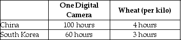 Table 2.6   Table 2.6 shows the number of labour hours required to produce a digital camera and a kilo of wheat in China and South Korea. -Refer to Table 2.6.What is China's opportunity cost of producing one kilo of wheat? A) 0) 04 units of a digital camera B) 4 digital cameras C) 25 digital cameras D) 40 digital cameras