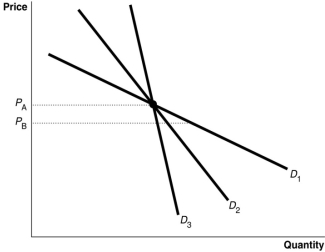 Figure 4.6   -Refer to Figure 4.6.As price falls from P<sub>A</sub> to P<sub>B</sub>, the quantity demanded increases most along D<sub>1; </sub>therefore, A) D<sub>1 </sub>is unit elastic. B) D<sub>1</sub> is more inelastic than D<sub>2 </sub>or D<sub>3</sub>. C) D<sub>1</sub> is more elastic than D<sub>2 </sub>or D<sub>3</sub> D) D<sub>1</sub> is elastic at P<sub>A</sub> but inelastic at P<sub>B</sub>.
