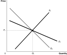 Figure 5.9   -Refer to Figure 5.9.Suppose the market is initially in equilibrium at price P<sub>1</sub>,<sub> </sub>and then the government imposes a tax on every unit sold.Which of the following statements best describes the impact of the tax? A) The consumer will bear a smaller share of the tax burden if the demand curve is D<sub>1</sub>. B) The consumer's share of the tax burden is the same whether the demand curve is D<sub>1</sub> or D<sub>2</sub>. C) The consumer will bear a smaller share of the tax burden if the demand curve is D<sub>2</sub>. D) The consumer will bear the entire burden of the tax if the demand curve is D<sub>2</sub>, and the producer will bear the entire burden of the tax if the demand curve is D<sub>1</sub>.