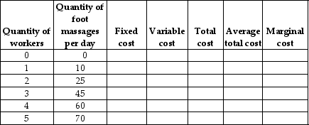 Table 7.6   -Refer to Table 7.6.Alicia Gregory owns a foot massage business.She leases 4 computer-controlled massage booths, for which she pays $125 per day.She cannot increase the number machines she leases without giving the manufacturer 3 months notice.She can hire as many workers as she wants at a cost of $75 per day per worker.These are the only two inputs she uses in her business.Use this information to fill in the columns in the above table.