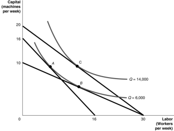 Use the following graph to answer the following questions.   a.If the wage rate and the rental price of machines are both $50 and total cost is $800, is the cost-minimising point A, B, or C? b.If the wage rate is $40, the rental price of equipment is $120, and total cost is $1200, is the cost-minimising point A, B, or C? c.If the wage rate is $60, the rental price of equipment is $90, and total cost is $1800, is the cost-minimising point A, B, or C? __________________________________________________________________________________________________________________________________________________________________________________________