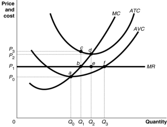 Figure 8.3   -Refer to Figure 8.3.Suppose the prevailing price is P<sub>1</sub> and the firm is currently producing its loss-minimising quantity.Identify the area that represents the loss. A) P<sub>2</sub> deP<sub>1</sub> B) P<sub>3</sub>cbP<sub>1</sub> C) P<sub>3</sub>caP<sub>0</sub> D) 0P<sub>1</sub> bQ<sub>1</sub>