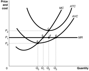 Figure 8.11   -Refer to Figure 8.11.Suppose the prevailing price is P<sub>1</sub> and the firm is currently producing its loss-minimising quantity.In the long-run equilibrium A) there will be fewer firms in the industry and total industry output decreases. B) there will be more firms in the industry and total industry output increases. C) there will be fewer firms in the industry but total industry output increases. D) there will be more firms in the industry and total industry output remains constant.