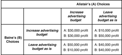 Table 11.3   Firm A(Alistair's) and Firm B (Baine's) are the only firms selling luggage in the upscale town of Adelaide.Each firm must decide on whether to increase its advertising spending to compete for customers.If one firm increases its advertising budget but the other does not, then the firm with the higher advertising budget will increase its profit.Table 11.3 shows the payoff matrix for this advertising game. -Refer to Table 11.3.Does Baine have a dominant strategy and, if so, what is it? A) Yes, Baine should increase its advertising budget. B) Yes, Baine should keep its advertising budget as is. C) There are two dominant strategies: if Alistair increases its advertising budget, then Baine's best bet is to keep its budget the same, but if Alistair does not increase its spending, then Baine should raise its advertising budget. D) No, there is no dominant strategy.