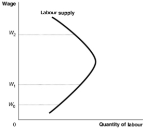 Figure 12.4   -Refer to Figure 12.4.Which of the following is true if the wage rate increases from W<sub>0</sub> to W<sub>1</sub>? A) The income effect is larger than the substitution effect. B) The substitution effect is larger than the income effect. C) The income effect and the substitution effect are equal. D) The supply curve is unit-elastic.