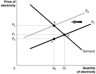 Figure 15.11   Coal burning utilities release sulphur dioxide and nitric acid which react with water to produce acid rain.Acid rain damages trees and crops and kills fish.Because the utilities do not bear the cost of the acid rain, they overproduce the quantity of electricity.This is illustrated in Figure 15.11. -Refer to Figure 15.11.S<sub>1</sub> represents the supply curve that reflects the private cost of production, and S<sub>2</sub> represents the supply curve that reflects the social cost of production.One way to internalise the external cost generated by utilities is to impose a Pigovian tax on the production of electricity.What is the size of the Pigovian tax that will internalise the cost of the externality? A) P<sub>0</sub> B) P<sub>2 </sub>- P<sub>0</sub> C) P<sub>1 </sub>- P<sub>0</sub> D) P<sub>2 </sub>- P<sub>1</sub>