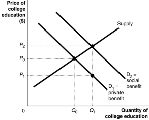 Figure 15.12   University education benefits society by producing a more employable workforce, reducing crime and creating a better informed citizenry.Thus, the social benefits of university education exceed the private benefits for any level of university education.This is illustrated in Figure 15.12. -Refer to Figure 15.12.One way to obtain the economically efficient amount of university education is for governments to subsidise university education.What is the size of the per-student Pigovian subsidy that the government must provide to internalise the external benefits? (Note that the subsidy can be granted to the education institutions or to the students directly or indirectly; for example, through low-interest student loans.)  A) P<sub>2 </sub>- P<sub>0</sub> B) P<sub>2 </sub>- P<sub>1</sub> C) P<sub>0 </sub>- P<sub>1</sub> D) P<sub>1</sub>