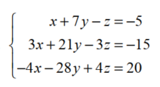 Solve each system using matrices -   A)  {(3, -4, -20) } B)  { } C)  {(-4, 3, 22) } D)  {(x, y, z) |x+7y - z = -5}