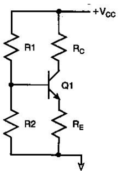 <strong>? -In designing this four -resistor bias circuit, the AC gain is set by the ratio of</strong> A) R<sub>C</sub><sub> </sub>to R<sub>E.</sub><sub> </sub> B) R<sub>E</sub><sub> </sub>to R<sub>C.</sub><sub> </sub> C) R1 to R2. D) R1 to R<sub>E.</sub>