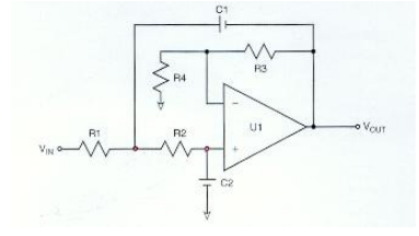 <strong>Match the components with their function -R3 and R4</strong> A) determines characteristics of the low pass filter B) determines characteristics of the high pass filter C) determines the gain D) determines the filter type