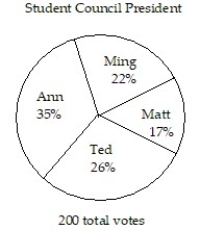 The pie chart shows the percentage of votes received by each candidate in the student council presidential election. Use the pie chart to answer the question.    -Who got the most votes? A)  Matt B)  Ming C)  Ted D)  Ann