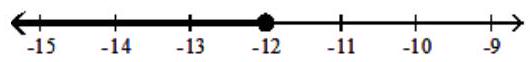  Graph the solution on a number line, and express it in interval notation. - \frac{\mathrm{x}}{-4}<3    A)   \mathrm{x} \leq-12,(\infty,-12]    B)   x>-12,(-12, \infty)     C)   x \geq-12,[-12, \infty)     D)   \mathrm{x}<-12,(\infty,-12)     