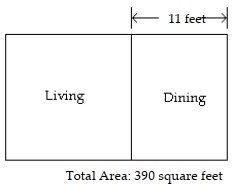 A rectangular space of 390 square feet is allocated for the living and dining areas in an apartment. Find the width of the square living area given that the width of the dining area is 11 feet.   A)  14 feet B)  26 feet C)  17 feet D)  15 feet