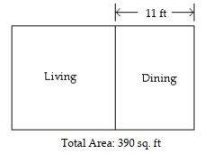  A rectangular space of 390 square feet is allocated for the living and dining areas in an apartment. Find the width of the square living area given that the width of the dining area is  11 \mathrm{ft} .   A)   14 \mathrm{ft}  B)   17 \mathrm{ft}  C)   26 \mathrm{ft}  D)   15 \mathrm{ft}