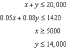 <strong>An investor can invest at most $20,000 in a retirement plan. He wants to place at least $5000 in Treasury Notes yielding 5% and more than $14,000 in corporate bonds yielding 8%. He also wants to earn $1420 annually. Let the amount invested in Treasury Notes and the amount invested in corporate bonds. -Write four constraints that describe this situation.</strong> A) B) C) D) E) none of these