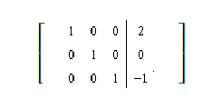 The matrix   represents a system of equations in reduced row echelon form. Identify the solution of the system of equations. A)  (2, 0, -1)  B)  (1, 0, 0)  C)  (-1, 0, 2)  D)  infinitely many solutions E)  no solution