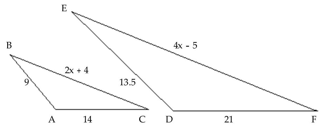  Suppose the triangles shown are similar, with angle  A=  angle  D , angle  B=  angle  E , and angle  C=  angle  F . Answer the question. -   What is the value of  x  ? A)  11 B)  37 C)   \frac{9}{8}  D)  32 