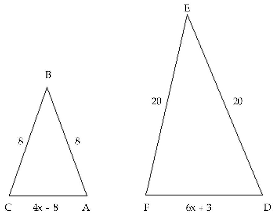  Suppose the triangles shown are similar, with angle  A=  angle  D , angle  B=  angle  E , and angle  C=  angle  F . Answer the question. -  What is the value of  x  ? A)   \frac{31}{2}   B)   \frac{23}{4}   C)  4  D)  8 