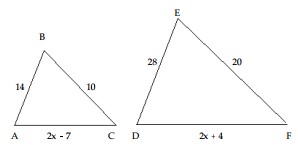  Suppose the triangles shown are similar, with angle  A=  angle  D , angle  B=  angle  E , and angle  C=  angle  F . Answer the question. -  What is the length of side DF? A)  22 B)  24 C)  48 D)  32 