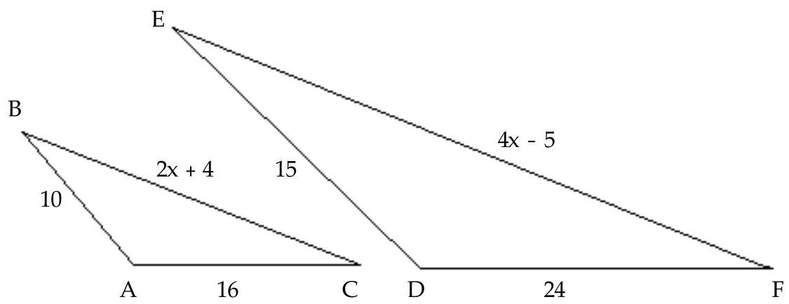  Suppose the triangles shown are similar, with angle  A=  angle  D , angle  B=  angle  E , and angle  C=  angle  F . Answer the question. -  What is the length of side EF? A)  203 B)  139 C)  39 D)   \frac{1}{2}