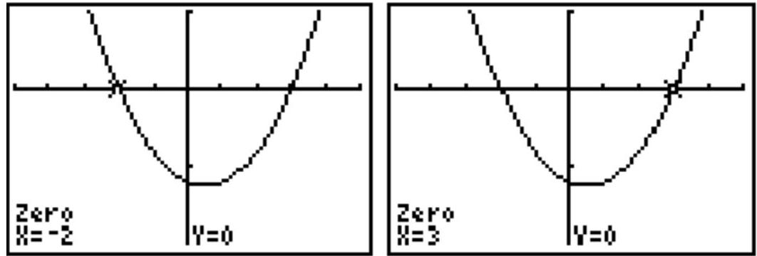  The calculator graphs shows the  x -values of the  x -intercepts of the graph of the polynomial in the equation. Use the graphs to solve the equation. - x^{2}-x-6=0    A)   \{-3,-2\}  B)   \{-3,2\}  C)   \{-2,3\}  D)   \{-1,-6\}
