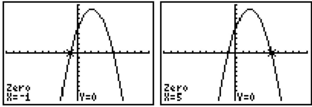  The calculator graphs shows the  x -values of the  x -intercepts of the graph of the polynomial in the equation. Use the graphs to solve the equation. - -x^{2}+4 x+5=0    A)   \{-5,1\}  B)   \{-5,-1\}  C)   \{-1,5\}  D)   \{4,5\}