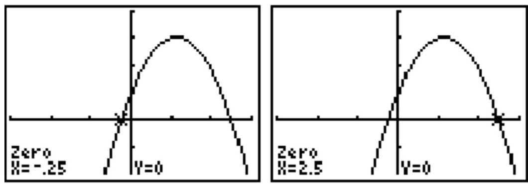  The calculator graphs shows the  x -values of the  x -intercepts of the graph of the polynomial in the equation. Use the graphs to solve the equation. - -8 x^{2}+18 x+5=0    A)   \{-2.5,0.25\}  B)   \{5,18\}  C)   \{0.25,2.5\}  D)   \{-0.25,2.5\}