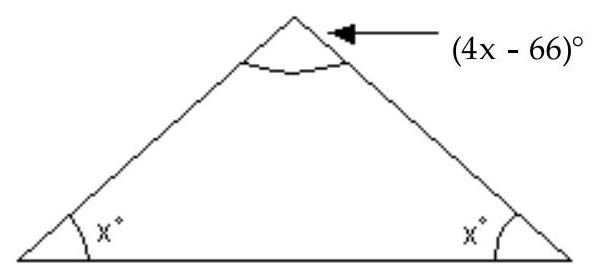  Solve the problem. -Find the measure of each angle.   A)   37^{\circ}, 37^{\circ}, 106^{\circ}  B)   43^{\circ}, 43^{\circ}, 94^{\circ}  C)   41^{\circ}, 41^{\circ}, 98^{\circ}  D)   51^{\circ}, 51^{\circ}, 78^{\circ}