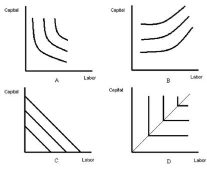 <strong>   -Refer to Figure above. Which diagram represents isoquants for fixed-proportions technology?</strong> A) A B) B C) C D) D <div style=padding-top: 35px> 