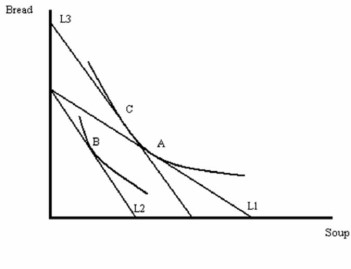 <strong> -Refer to Figure above. The substitution effect is shown by the movement</strong> A) From bundle A to bundle C B) From bundle A to bundle B C) From bundle B to bundle C D) From bundle C to bundle B