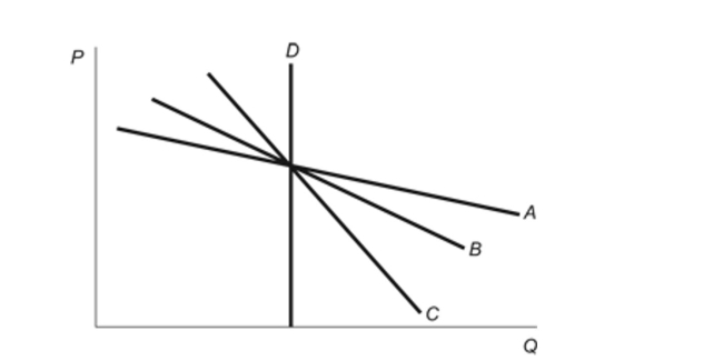 (Figure: Price Elasticity of Demand)  Refer to the figure. Whichof the four demand curves has the greatest responsiveness toprice changes? Figure: Price Elasticity of Demand   A) A B) B C) C D) D 
