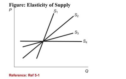   (Figure: Elasticity of Supply)  Refer to the figure. Which supplycurve is the most inelastic? A) S<sub>1</sub> B) S<sub>2</sub> C) S<sub>3</sub> D) S4 